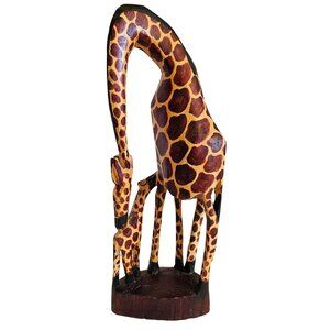 Hand Carved Wooden Giraffe Statue African Tribal Art Decor 12" Tall Brown/Yellow
